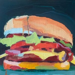 Barbara Hoogeweegen, ‘Burger’, 2021, Oil on canvas board. From the series 'Still life and landscape'