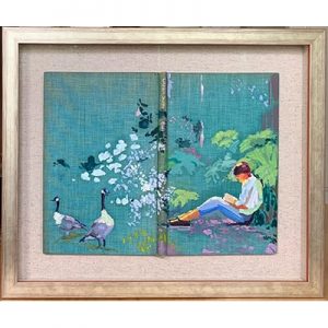 Barbara Hoogeweegen, ‘Green Song’, (framed) 2022, Oil on antique linen book cover. From the series ‘Titles’