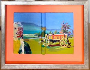 Barbara Hoogeweegen, ‘The Apple Cart’ (framed), 2022, Oil on antique linen book cover. From the series ‘Titles’