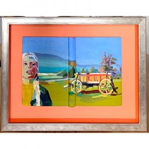 Barbara Hoogeweegen, ‘The Apple Cart’ (framed), 2022, Oil on antique linen book cover. From the series ‘Titles’