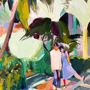 Barbara Hoogeweegen, ‘My feet are swinging in time with the trees’, 2025, Oil on wood box panel. From the series ‘Vivid Colour'.